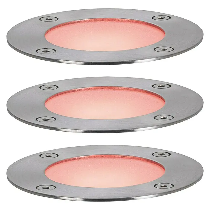 Paulmann Plug & Shine Basis-Set LED-Bodeneinbauleuchte Smart Home Zigbee - 3,6 W, Silber, Ø x H: 9,8 x 9,2 cm, Per App steuerbar, IP65 - Drei runde LED-Bodeneinbaustrahler aus Edelstahl mit rotem Licht für den Außenbereich.