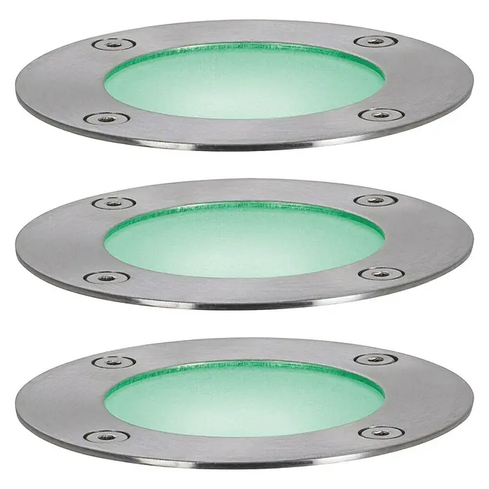 Paulmann Plug & Shine Basis-Set LED-Bodeneinbauleuchte Smart Home Zigbee - 3,6 W, Silber, Ø x H: 9,8 x 9,2 cm, Per App steuerbar, IP65 - Drei runde LED-Bodeneinbaustrahler mit grünem Licht und silberner Umrandung.