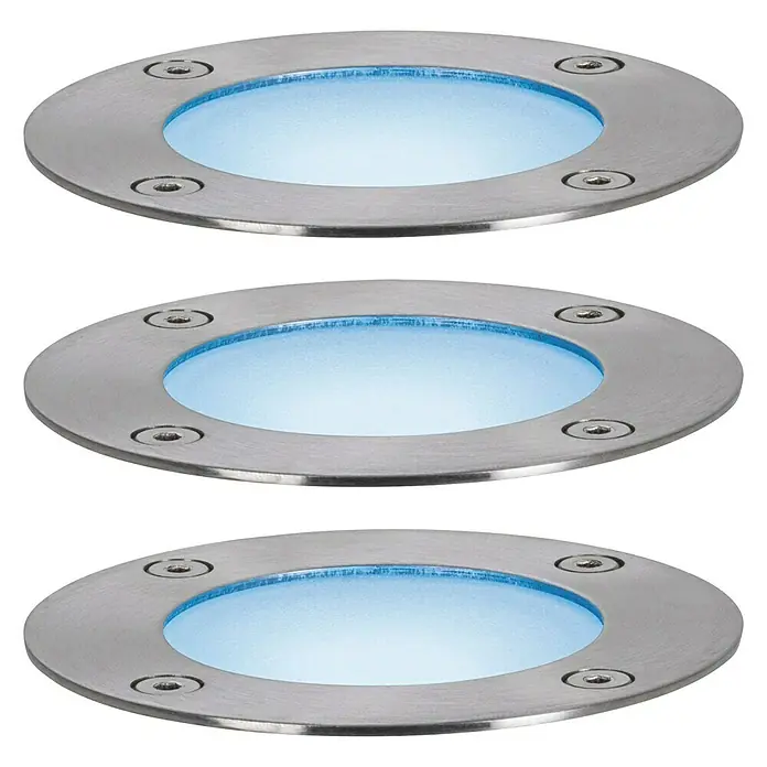 Paulmann Plug & Shine Basis-Set LED-Bodeneinbauleuchte Smart Home Zigbee - 3,6 W, Silber, Ø x H: 9,8 x 9,2 cm, Per App steuerbar, IP65 - Drei LED-Bodeneinbaustrahler mit blauer Beleuchtung und Edelstahloberfläche, ideal für Garten und Terrasse.