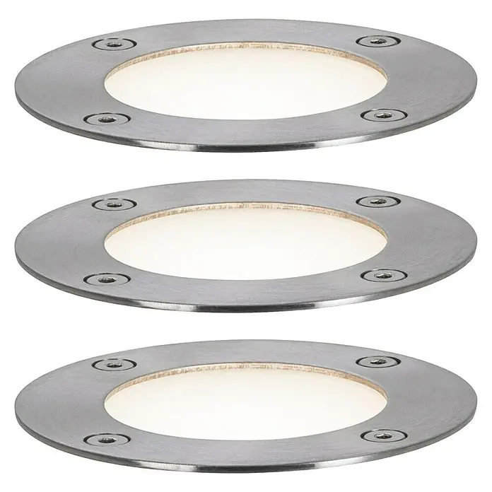 Paulmann Plug & Shine Basis-Set LED-Bodeneinbauleuchte Smart Home Zigbee - 3,6 W, Silber, Ø x H: 9,8 x 9,2 cm, Per App steuerbar, IP65 - Nahaufnahme von drei runden LED-Bodeneinbaustrahlern mit silbernem Rahmen. Perfekt für die stilvolle Außenbeleuchtung.