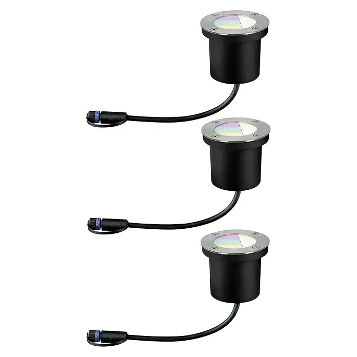 Paulmann Plug & Shine Basis-Set LED-Bodeneinbauleuchte Smart Home Zigbee - 3,6 W, Silber, Ø x H: 9,8 x 9,2 cm, Per App steuerbar, IP65 - Drei Untergrundleuchten mit Edelstahlblende und Kabelanschluss für den Außenbereich. Robuste und langlebige Beleuchtungslösung.
