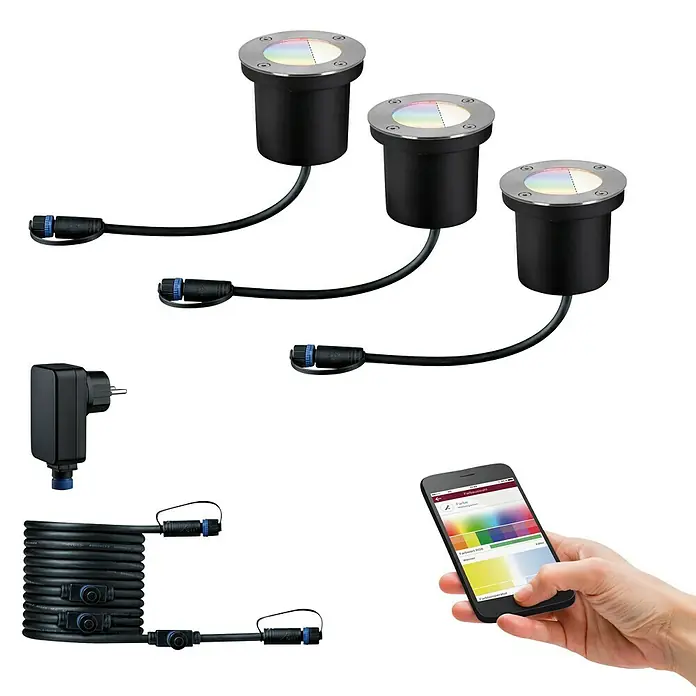 Paulmann Plug & Shine Basis-Set LED-Bodeneinbauleuchte Smart Home Zigbee - 3,6 W, Silber, Ø x H: 9,8 x 9,2 cm, Per App steuerbar, IP65 - Das smarte Unterwasser-LED-Beleuchtungsset mit App-Steuerung für eine individuelle Lichtgestaltung im Garten.