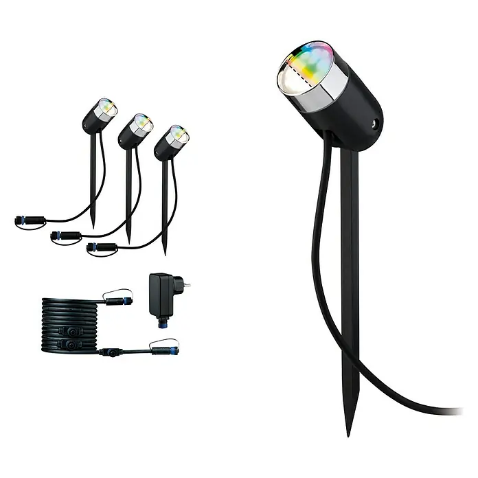 Paulmann Plug & Shine Basis-Set LED-Gartenstrahler Pike Smart Home Zigbee 3.0 - Anthrazit, Ø x H: 5 x 22,5 cm, 4,5 W, Per App steuerbar, IP44, 3 Stk. - Ein Set aus vier schwarzen Gartenstrahlern mit Erdspieß, ideal für die Beleuchtung von Außenbereichen.