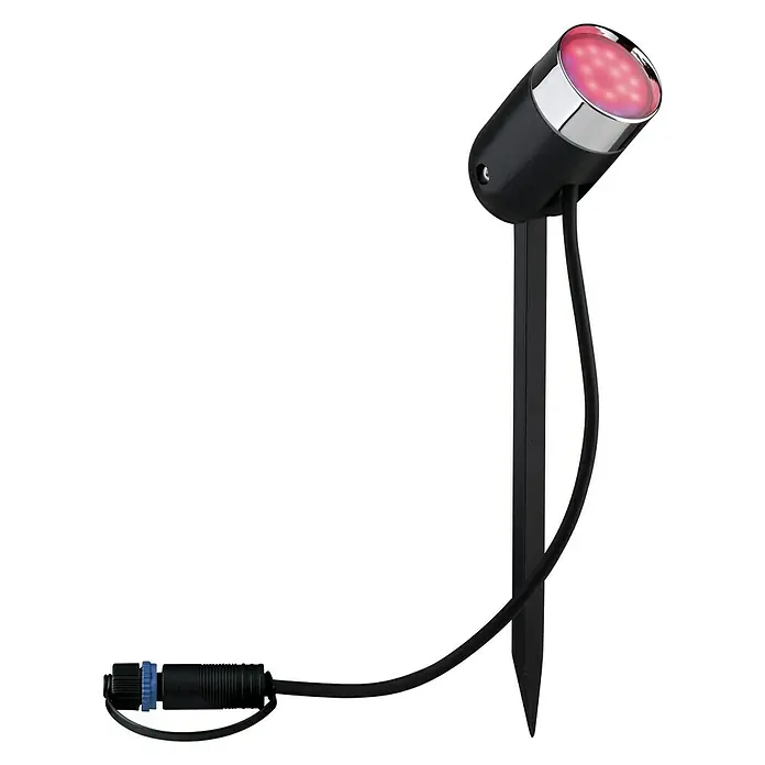 Paulmann Plug & Shine Basis-Set LED-Gartenstrahler Pike Smart Home Zigbee 3.0 - Anthrazit, Ø x H: 5 x 22,5 cm, 4,5 W, Per App steuerbar, IP44, 3 Stk. - Eine schwarze Gartenleuchte mit rotem Licht und Erdspieß zur flexiblen Platzierung im Außenbereich.