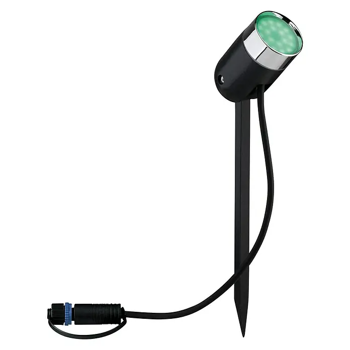 Paulmann Plug & Shine Basis-Set LED-Gartenstrahler Pike Smart Home Zigbee 3.0 - Anthrazit, Ø x H: 5 x 22,5 cm, 4,5 W, Per App steuerbar, IP44, 3 Stk. - Nahaufnahme einer schwarzen LED-Gartenleuchte mit Erdspieß und grünem Licht, ideal für die Außenbeleuchtung.