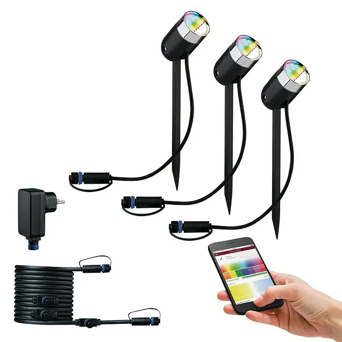 Paulmann Plug & Shine Basis-Set LED-Gartenstrahler Pike Smart Home Zigbee 3.0 - Anthrazit, Ø x H: 5 x 22,5 cm, 4,5 W, Per App steuerbar, IP44, 3 Stk. - Außenleuchten-Set mit Erdspieß, steuerbar per Smartphone, für eine individuelle Gartenbeleuchtung.
