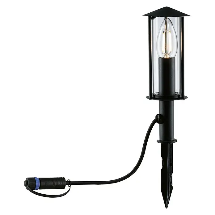 Paulmann Plug & Shine LED-Gartenstrahler Minipoller - Ø x H: 8 x 22 cm, 2 W, Anthrazit, IP44 - Nahaufnahme einer schwarzen Gartenleuchte mit Erdspieß und klarem Lampenschirm, die eine dekorative Lichtquelle für Außenbereiche bietet.
