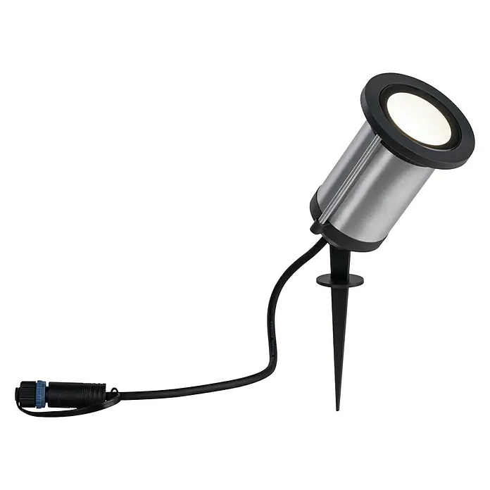 Paulmann Plug & Shine Foco de jardín LED - Ø x Al: 8,8 x 26,5 cm, Antracita, 5,1 W, IP65 - Una luz de jardín plateada con borde negro y cable sobre un fondo negro.