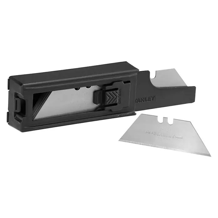 Stanley Ersatzklingen - 10 Stk. - Das Bild zeigt eine Stanley Messerklingenbox mit mehreren Klingen, die sicher verstaut sind. Ideal für Handwerker und Heimwerker.