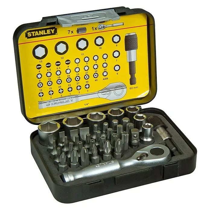 Stanley Bit-Set inkl. Mini-Ratschenschlüssel - 39 -tlg. - Stanley Steckschlüssel-Set: Vielseitiges Set mit verschiedenen Schraubendrehern und Bits für unterschiedlichste Anwendungen.