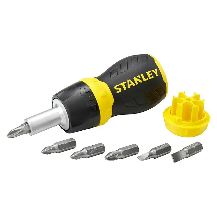Stanley Vergaser Schraubendreher Stubby - 7 -tlg. - Bild einer Stanley Schraubendreher mit verschiedenen Bits, ideal für Heimwerker und Profis. Kompakt, vielseitig und langlebig.