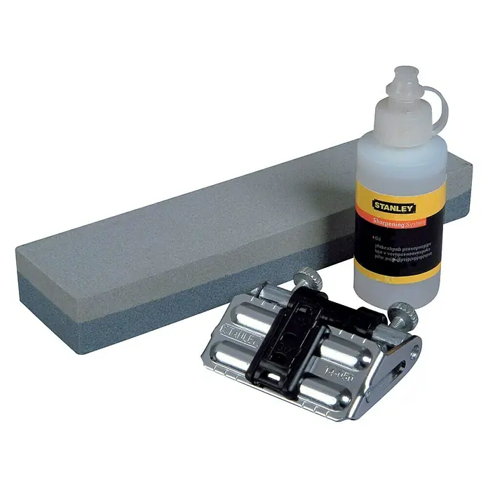 Stanley Universal-Schleif-Set - 3 -tlg. - Stanley Schärfsystem mit Öl, Schleifstein und Führung. Ideal zum Schärfen von Werkzeugen und Messern für präzise Ergebnisse.