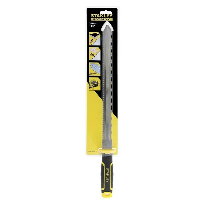 Stanley FatMax Dämmstoffmesser - Edelstahl, Gelb/Schwarz - Nahaufnahme eines Stanley Fatmax 350mm/14" Sägeblatt, verpackt, mit gelbem und schwarzem Griff, ideal für diverse Schneidearbeiten.