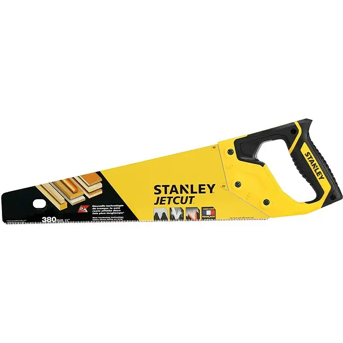 Stanley Handsäge Jetcut Fein - Blattlänge: 380 mm, 11 Stk. - Abbildung einer gelben Stanley Jetcut Handsäge mit schwarzem Griff. Ideal zum Sägen von Holz mit präzisen Schnitten.