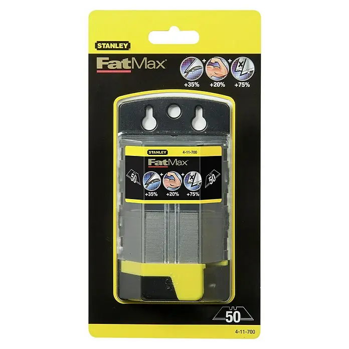 Stanley FatMax Trapezklinge - Klingenlänge: 63 mm, 50 Stk. - Nahaufnahme einer Verpackung Stanley FatMax 4-11-700 Heftklammern, die Stärke und hohe Leistung für Befestigungsarbeiten versprechen.