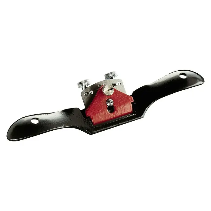 Stanley Hobel 151 - Breite: 55 mm - Ein Detailaufnahme eines Stanley 12-951 Flachwinkel-Speichenhobels, der zum Formen von Holz verwendet wird. Er zeichnet sich durch ein rotes Gehäuse aus.