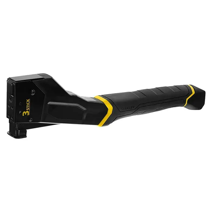 Stanley FatMax Hammertacker FMHT81394-9 - Wiederbefüllbar - Nahaufnahme eines Stanley 3 Stick Tackers, eines manuellen Werkzeugs zum einfachen Befestigen von Materialien. Ideal für Heimwerker und Profis.