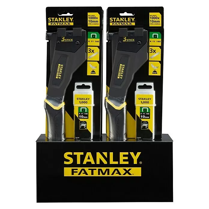 Stanley FatMax Martillo grapador FMHT81394-9 - Se puede recargar - Dos grapadoras Stanley FatMax negras y amarillas con 1000 grapas tipo G de 10mm, exhibidas en un soporte.