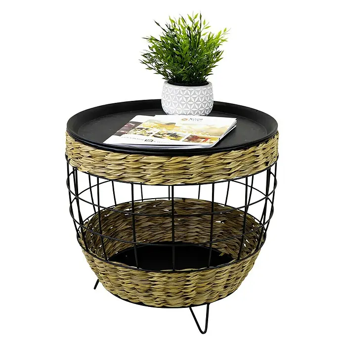 Beistelltisch Polyrattan - Ø x H: 50 x 45 cm, Natur/Schwarz - Dekorativer Beistelltisch mit schwarzer Tischplatte, Weidenkorb und Zierpflanze für ein gemütliches Ambiente.