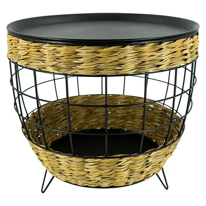 Beistelltisch Polyrattan - Ø x H: 50 x 45 cm, Natur/Schwarz - Der runde Aufbewahrungskorb mit Tischplatte ist aus Weide und Metall gefertigt und bietet viel Stauraum und Ablagefläche.