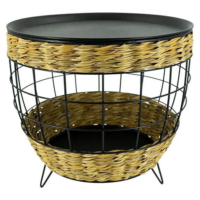 Beistelltisch Polyrattan - Ø x H: 40 x 30 cm, Natur/Schwarz - Ein runder Beistelltisch mit Korbgeflecht und schwarzer Tischplatte. Der Tisch kombiniert natürliche Materialien mit einem modernen Design.