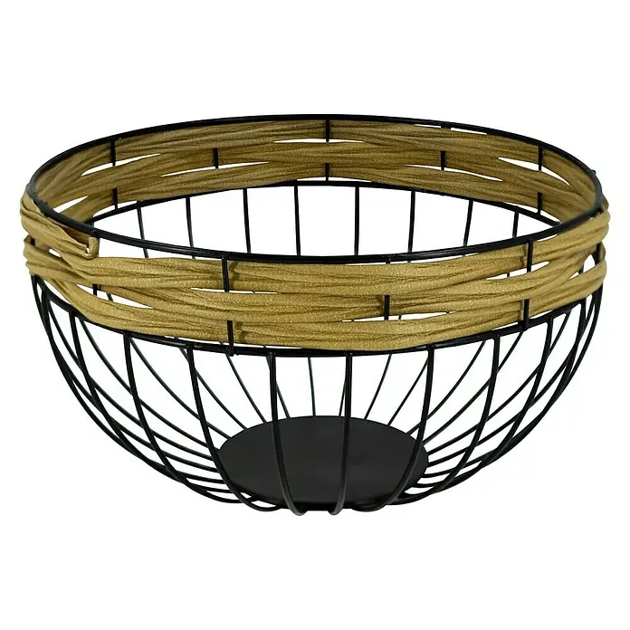 Schale Polyrattan - Ø x H: 25 x 16 cm, Schwarz - Draufsicht eines schwarzen Metalldrahtkorbs mit dekorativem, geflochtenem Rand. Ideal für Obst, Gemüse oder Deko.