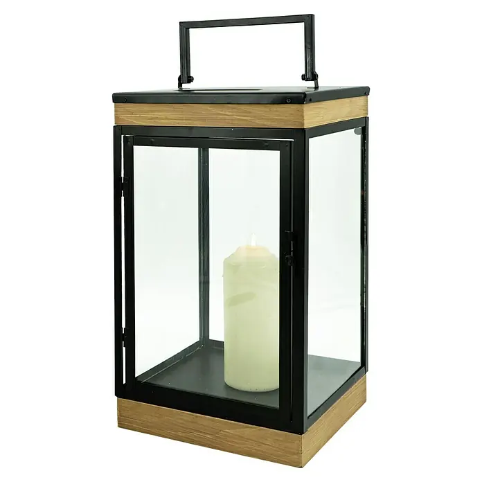 Laterne - L x B x H: 22,5 x 22,5 x 45 cm, Schwarz/Holz - Elegante Laterne mit Kerze. Die dekorative Laterne in Schwarz und Holzoptik mit Glaseinsatz und einer Kerze im Inneren sorgt für eine stimmungsvolle Atmosphäre.