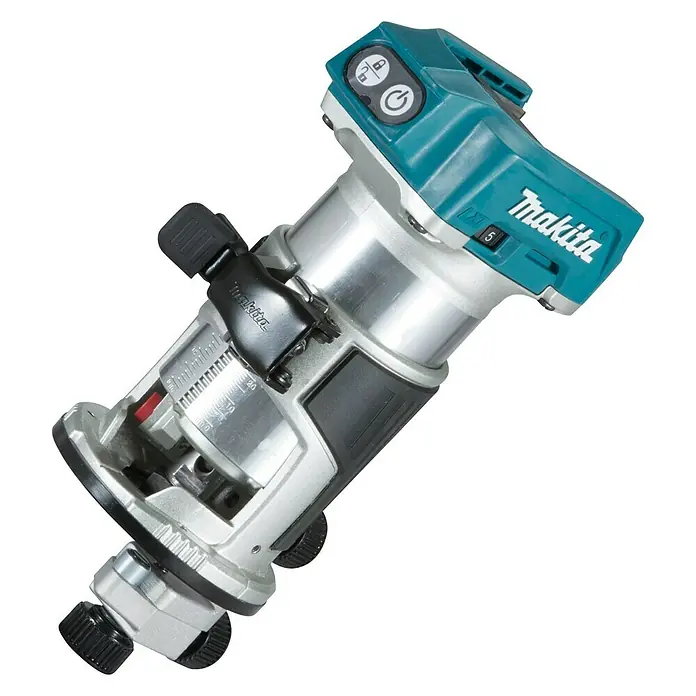 Makita LXT 18V Akku-Multifunktionsfräse DRT50ZJX2 - 18 V, Ohne Akku, Leerlaufdrehzahl: 10.000 U/min - 30.000 U/min - Bild einer Makita Akku-Oberfräse mit blaugrünem Gehäuse und silberfarbenen Elementen.