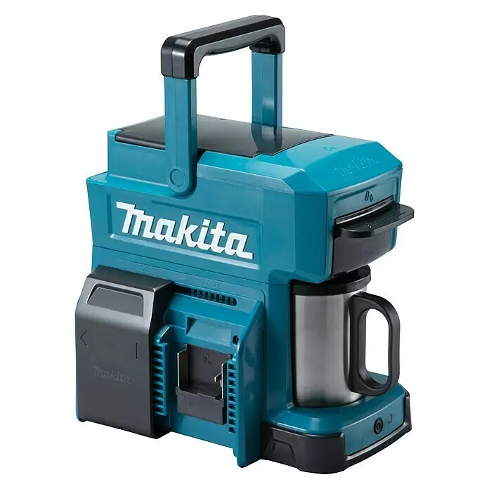 Makita LXT 18V Cafetera a batería DCM501Z - 18 V, Sin batería, Volumen de recipiente: 0,24 l - Cafetera inalámbrica Makita turquesa y negra con taza de acero inoxidable, asa de transporte y ranura para batería.