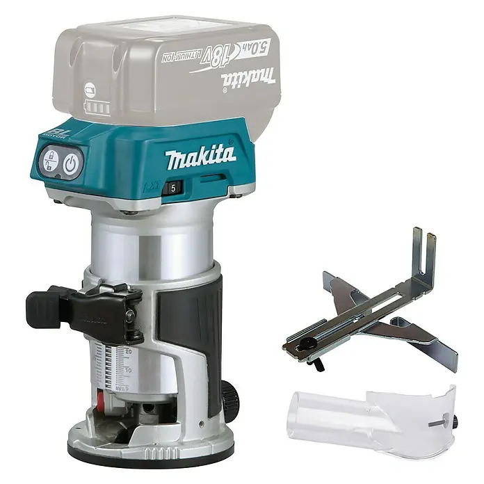 Makita LXT 18V Akku-Multifunktionsfräse DRT50Z - 18 V, Ohne Akku, Leerlaufdrehzahl: 10.000 U/min - 30.000 U/min - Makita Akku-Oberfräse mit Zubehör für präzise Holzarbeiten. Ideal für professionelle Anwender und Heimwerker.