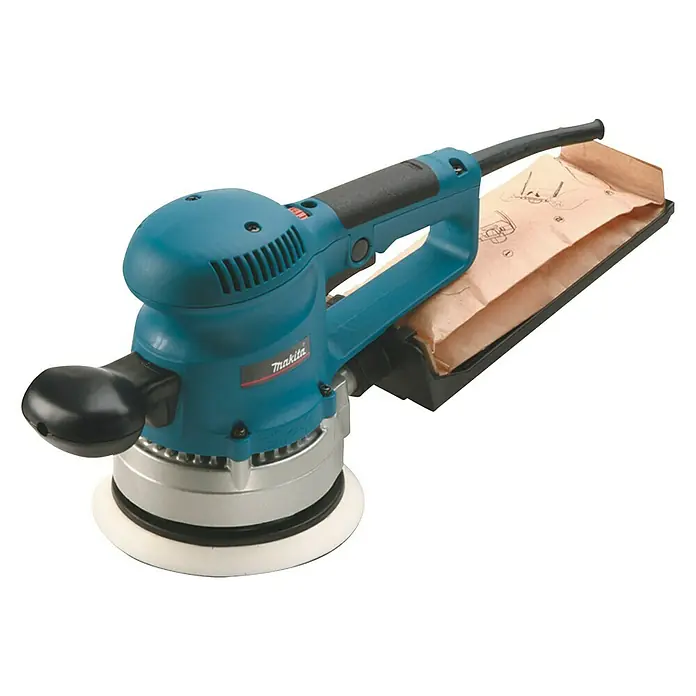 Makita Elektro-Exzenterschleifer BO6030JX - 310 W, Durchmesser Schleifteller: 150 mm - Ein blauer Makita Exzenterschleifer mit Staubbeutelanschluss. Ideal für feine Schleifarbeiten und Oberflächenbearbeitung.
