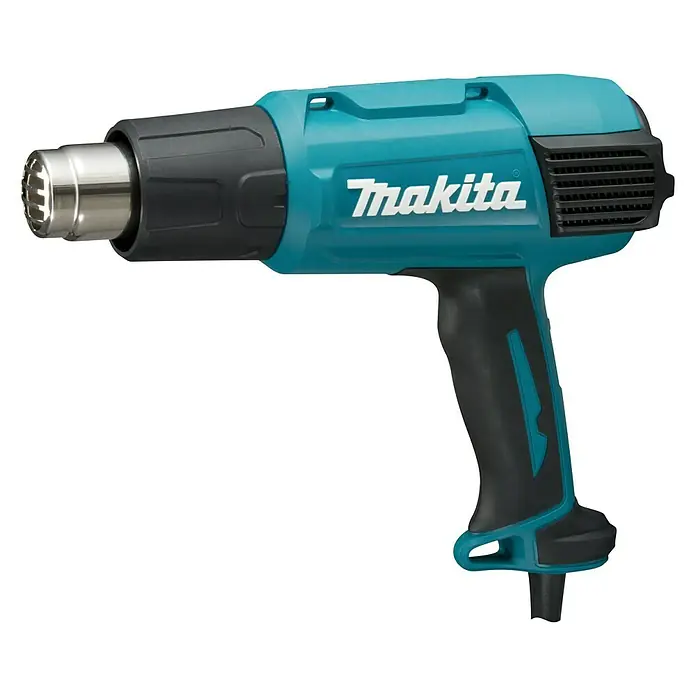 Makita Heißluftgebläse HG6031VK - 1.800 W, Temperaturbereich: 50 °C - 600 °C - Das Bild zeigt eine blaue Makita Heißluftpistole mit schwarzem Griff, ein Werkzeug zum Erhitzen und Verformen verschiedener Materialien.