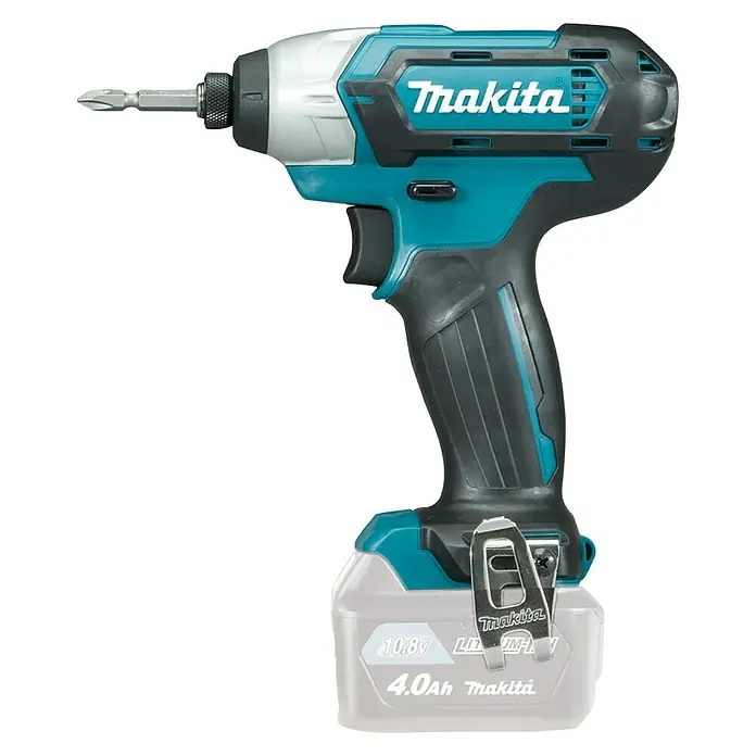 Makita Akku-Schlagschrauber TD110 DZ - 10,8 V, Ohne Akku - Abbildung eines Makita Akku-Schlagschraubers mit Bit. Das Werkzeug ist in den Farben Türkis, Schwarz und Silber gehalten.