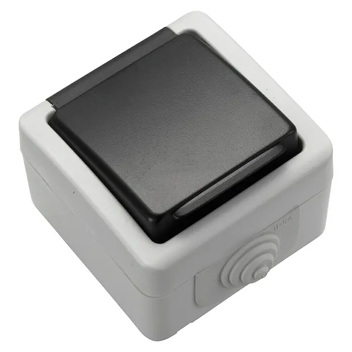 Fontini Base de enchufe múltiple - Negro - Primer plano de un interruptor de superficie con un accionador negro, ideal para cuartos húmedos y uso exterior.