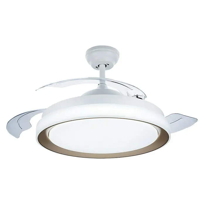 Philips Ventilador de techo Bliss Gold - Oro, 51 cm, 48 W, Blanco cálido - Primer plano de un moderno ventilador de techo blanco con iluminación integrada sobre un fondo negro.
