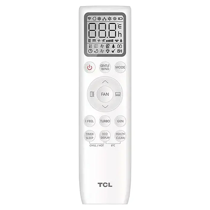 TCL Aire acondicionado Inverter Elite 12K - 3.400 W, 3.420 W, 22 m², Blanco - Primer plano de un control remoto de aire acondicionado TCL, que muestra varias funciones y configuraciones para una comodidad óptima.