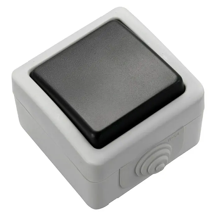 Fontini Conmutador - Negro/Blanco - Un interruptor de luz gris de montaje superficial con una carcasa blanca sobre un fondo negro para uso en interiores o exteriores.