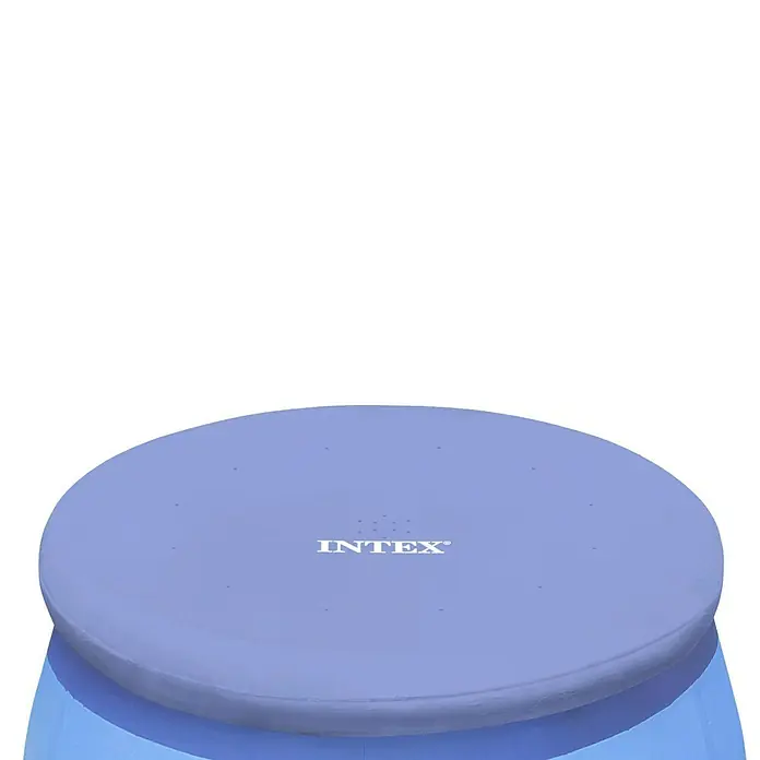 Bestway Pool-Abdeckplane - Durchmesser: 240 cm, Kunststoff - Nahaufnahme einer blauen runden Intex-Poolabdeckung mit dem Intex-Logo, die Schutz und Sauberkeit für Ihren Pool bietet.
