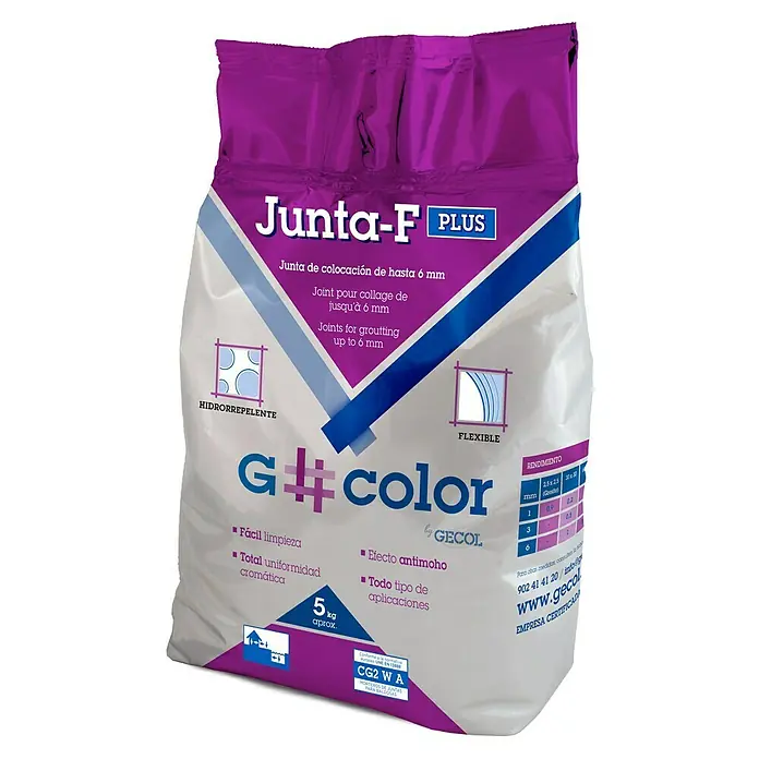 Gecol G#color Mortero para juntas Junta-F plus Granito - Granito, 5 kg - Imagen de un saco de rejunte Junta-F Plus G#color de Gecol, apto para juntas de hasta 6 mm, con propiedades hidrófugas y flexibles.