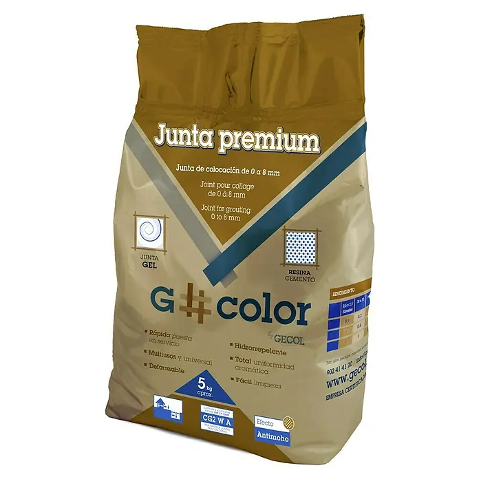 Gecol G#color Mortero para juntas Junta premium - Nácar, 5 kg - Junta premium G#color by Gecol para juntas de 0 a 8 mm. El producto es hidrorrepelente con total uniformidad cromática y fácil limpieza.