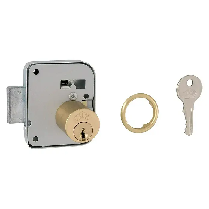JiS Cerradura para muebles CFE 1130 - L x An x Al: 56 x 45 x 30 mm, Diámetro cilindro: 20 mm, Específico para: CFE - Primer plano de una cerradura de sobreponer con cilindro, llave y roseta, ideal para seguridad y herrajes de puertas.