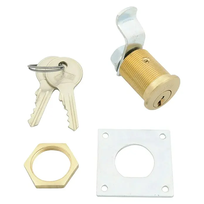 JiS Cilindro de recambio 47/19 - Número de llaves: 2 ud., Plata - Una cerradura de armario de color dorado con llaves, tuerca y placa de montaje. Asegura el almacenamiento seguro de objetos.