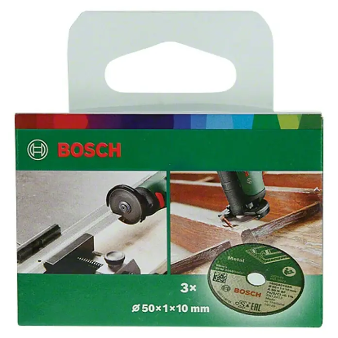 Bosch Trennscheibe - Durchmesser: 50 mm, Edelstahl - Produktbild einer Bosch-Metalltrennscheibe, 50x1x10mm, im 3er-Pack.