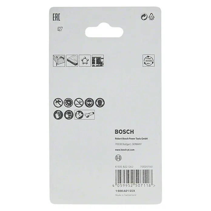 Bosch Karbid-Trennscheibe Carbide Multi Wheel - Durchmesser: 50 mm, Stärke: 1 mm, Geeignet für: Holz - Bild einer Bosch-Produktverpackung mit Sicherheitsinformationen, Barcode und Herstellerdetails.