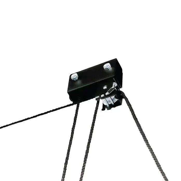 Fischer Fahrradlift ProfiPlus - Traglast: 57 kg, Passend für: Gerätschaften bis 57 kg - Schwarzer Metallflaschenzug mit mehreren Seilen für ein Hebesystem.