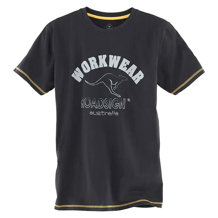 Terrax Workwear T-Shirt - XXL, Gelb/Schwarz - Schwarzes T-Shirt mit 'Workwear' und Känguru-Logo, gelben Nähten und 'Roadsign Australia' Schriftzug.