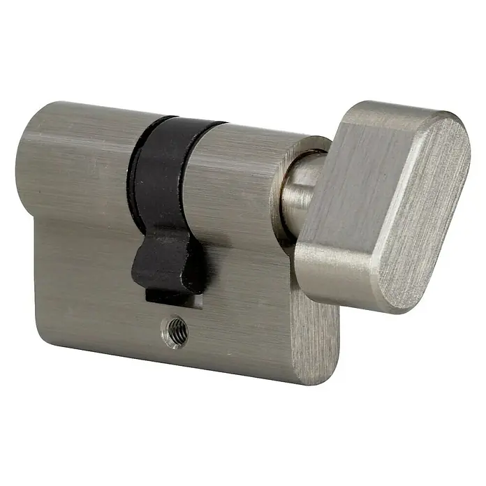 Diamond Doors Knaufzylinder WC/Bad für Bandseite EO - Baulänge innen: 16 mm, Baulänge außen: 21,5 mm - Nahaufnahme eines Türschlosszylinders aus Metall mit Drehknauf vor schwarzem Hintergrund.