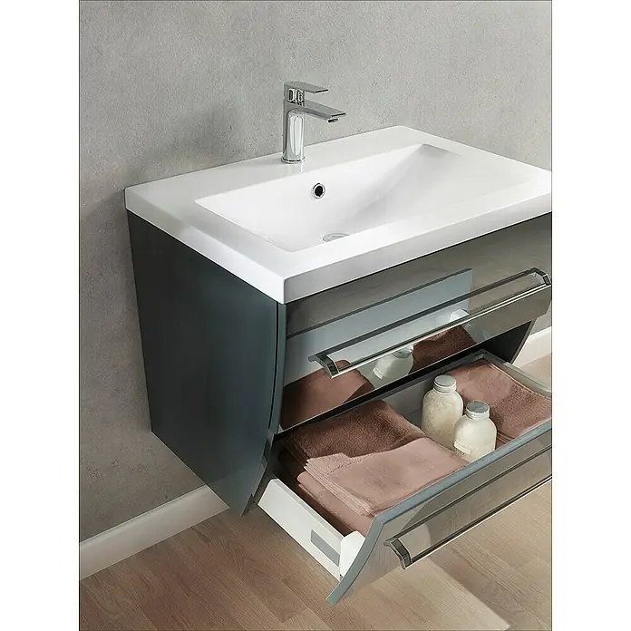 Camargue Orion Waschtischunterschrank - 70,5 x 51 x 52,5 cm, Anthrazit - Ein moderner Waschtischunterschrank in Grau mit offenem Auszug, der Handtücher und Pflegeprodukte präsentiert. Stilvolles Baddesign für Ordnung.