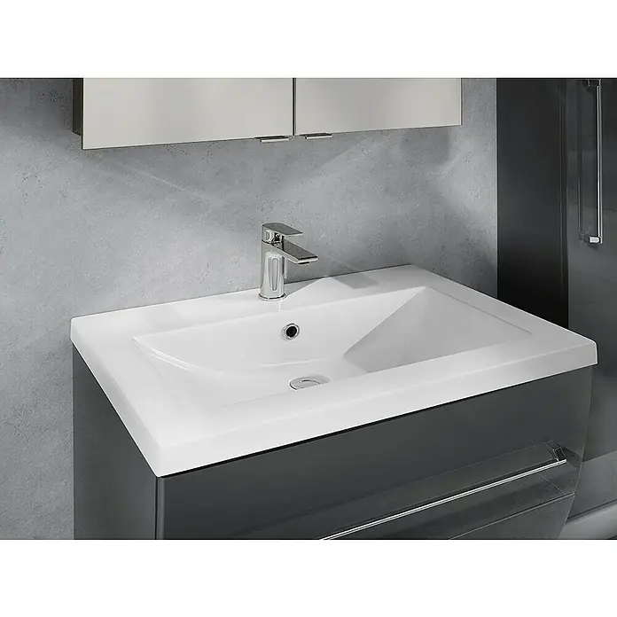 Camargue Orion Waschtischunterschrank - 70,5 x 51 x 52,5 cm, Anthrazit - Nahaufnahme eines modernen Badezimmerwaschtisches mit weißem Aufsatzwaschbecken, Armatur und grauem Unterschrank mit Schubladen.