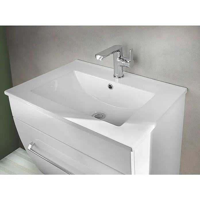 Camargue Orion Waschtischunterschrank - 59,7 x 45,5 x 52,5 cm, Weiß - Ein moderner weißer Waschtisch mit einem eleganten Chrom-Wasserhahn, ideal für jedes Badezimmer.